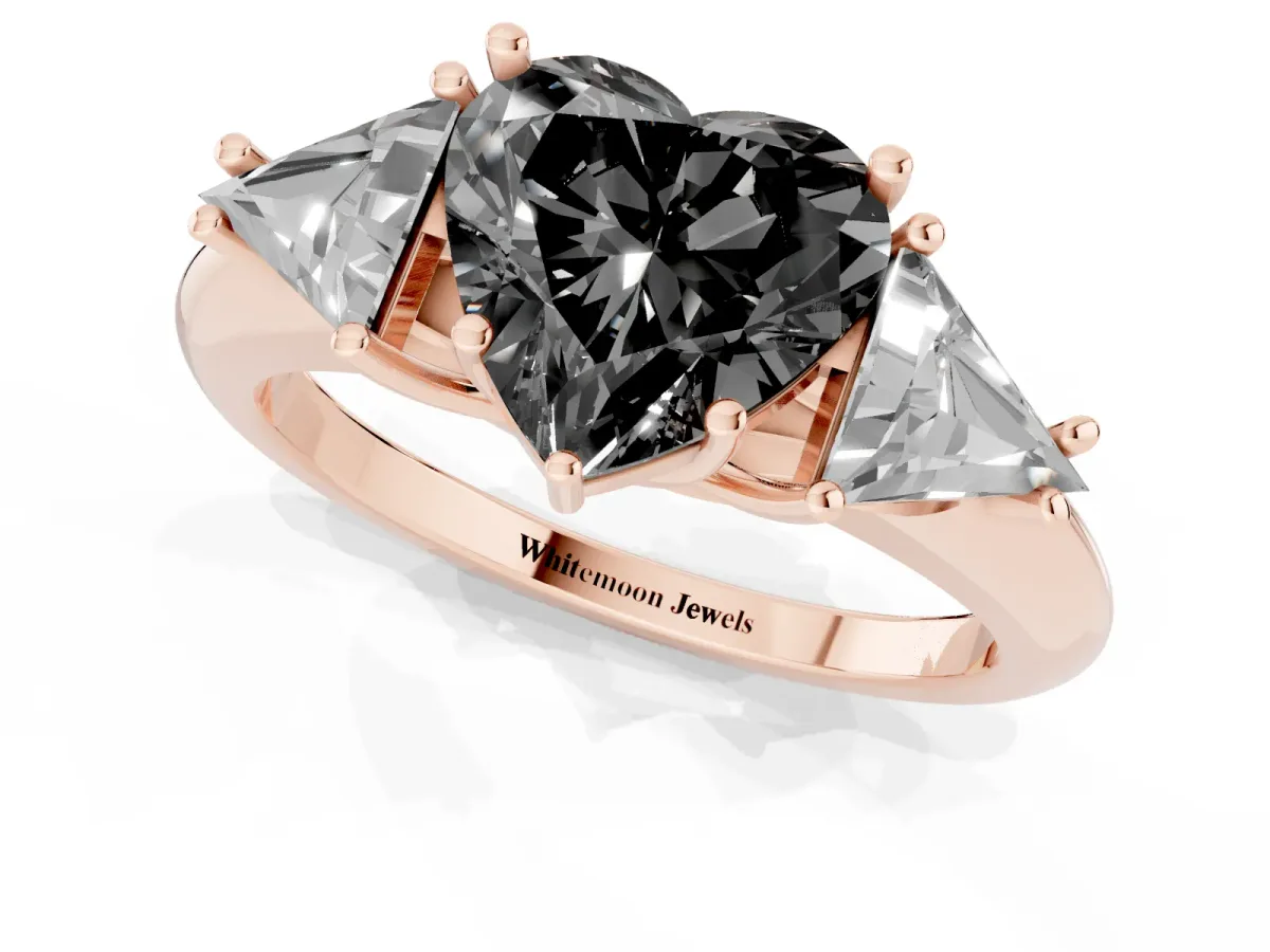 Fancy Black Three-Stone Heart Cut Diamond Engagement Ring with Trillion Side Stones and Prong Setting Rose gold