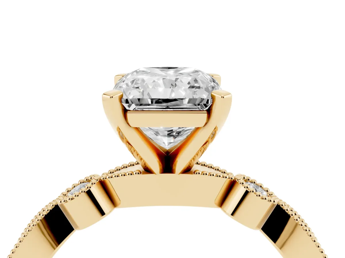Radiant Cut Milgrain Bezel Diamond Engagement Ring with Solitaire Prong Setting Yellow gold