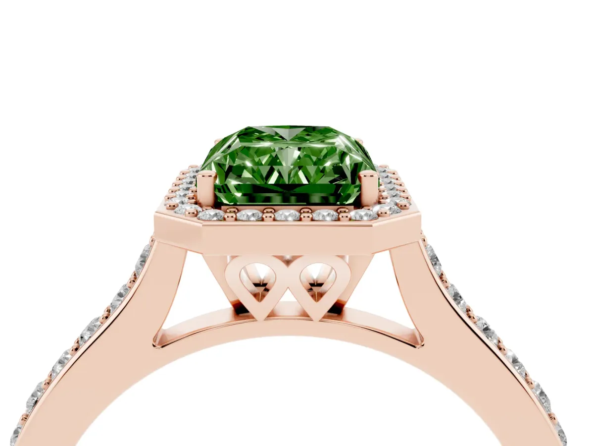 Fancy Green Radiant Cut Diamond Halo Engagement Ring with Round Pavé Shoulders and Prong Setting Rose gold