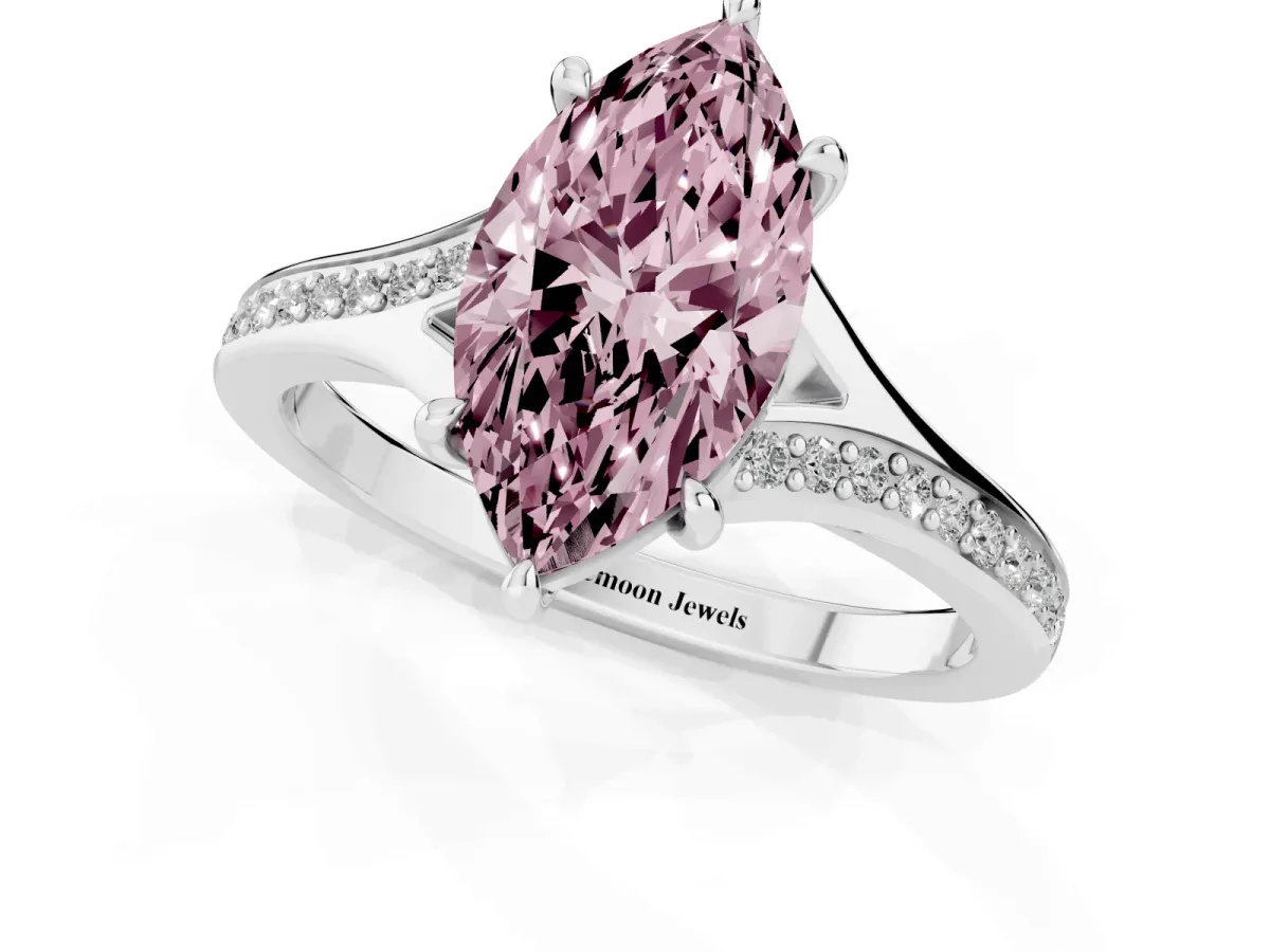 Fancy Pink Marquise Cut Diamond Solitaire Ring with Pavé Band and Prong Setting Silver