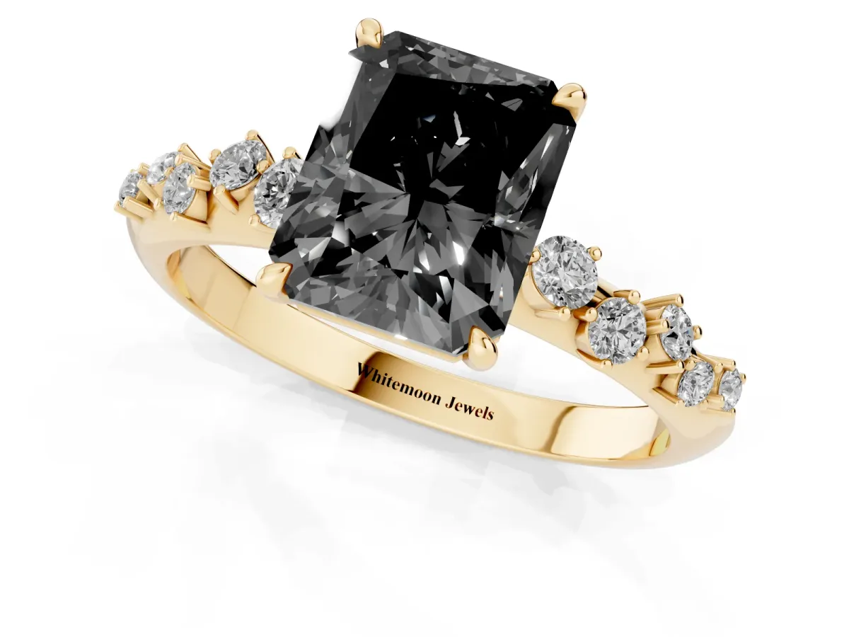 Fancy Black Radiant Cut Diamond Cluster Side Stone Solitaire Ring with Prong Setting Yellow gold