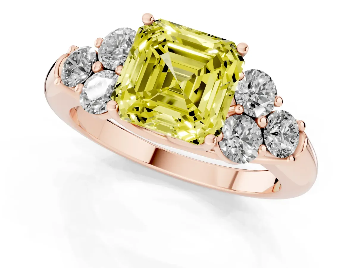 Fancy Yellow Asscher Cut Cut Diamond Cluster Ring with Round Accent Stones and Prong Setting on a Classic Band Rose gold