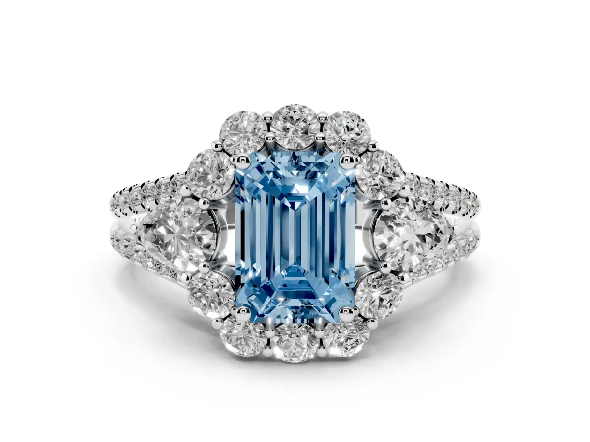 Fancy Blue Emerald Cut Halo Split Shank Diamond Engagement Ring with Prong Setting Silver