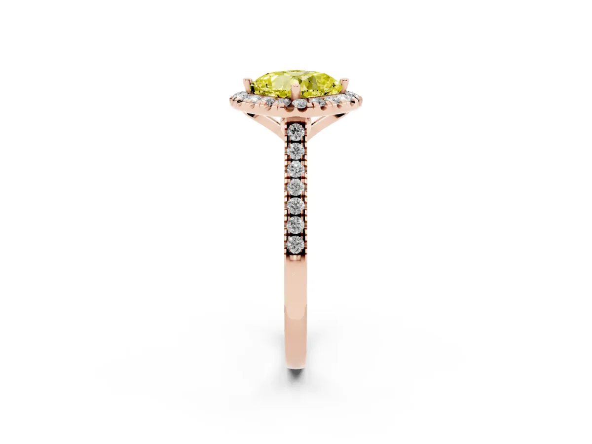 Fancy Yellow Cushion Cut Diamond Cushion Halo Ring with Pavé Band Rose gold
