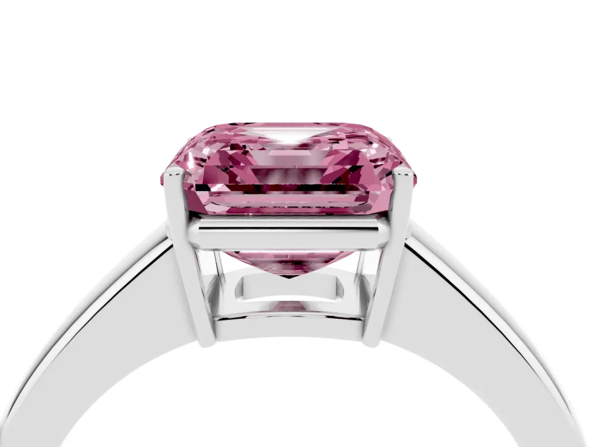 Fancy Pink Asscher Cut Solitaire Diamond Ring with Tapered Band and Four-Prong Setting Silver