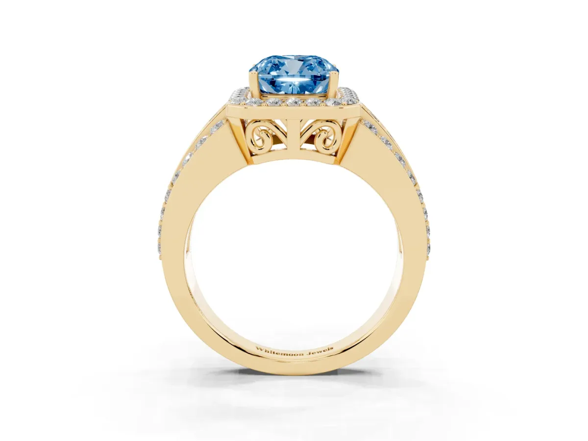 Fancy Blue Cushion Cut Halo Diamond Ring with Round Split Shank and Prong Setting Yellow gold