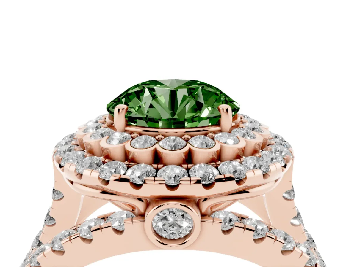 Fancy Green Round Cut Diamond Double Halo Ring with Round Pavé Split Shank and Prong Setting Rose gold