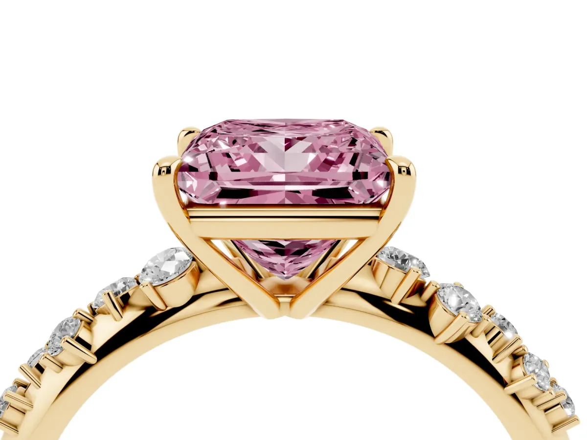 Fancy Pink Princess Cut Diamond Cluster Side Stone Solitaire Ring with Prong Setting Yellow gold