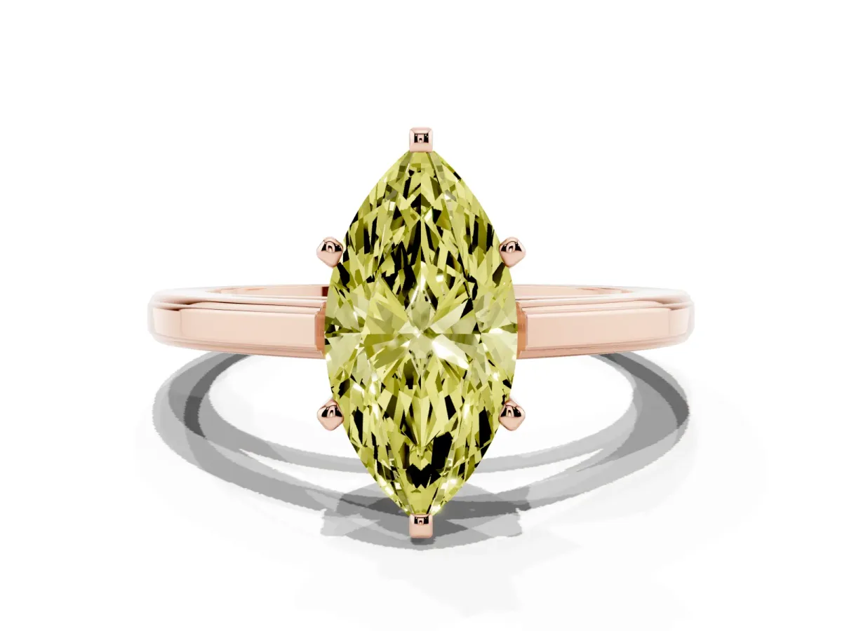 Fancy Yellow Marquise Cut Solitaire Diamond Ring with Four-Prong Setting and Classic Band Rose gold