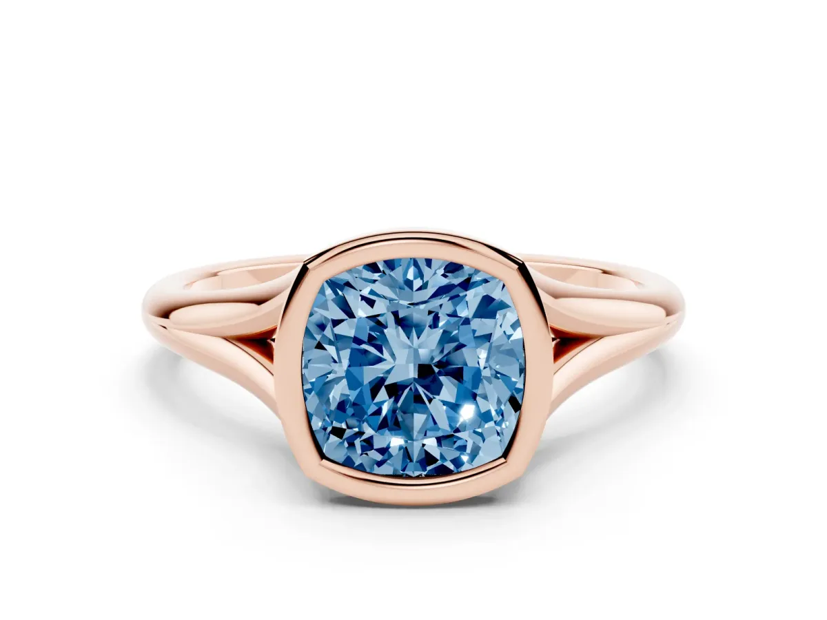 Fancy Blue Bezel Set Cushion Cut Cut Solitaire Ring with Tapered Band Rose gold