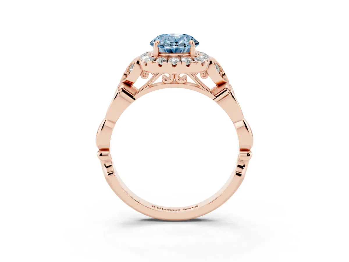 Fancy Blue Oval Cut Halo Diamond Engagement Ring with Vintage-Inspired Band and Four-Prong Setting Rose gold