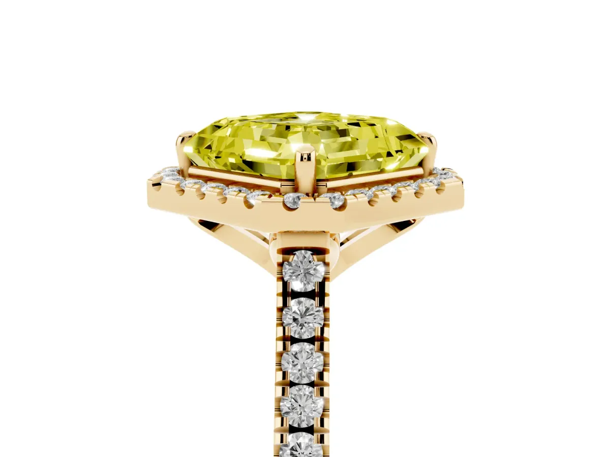 Fancy Yellow Asscher Cut Diamond Cushion Halo Ring with Pavé Band Yellow gold