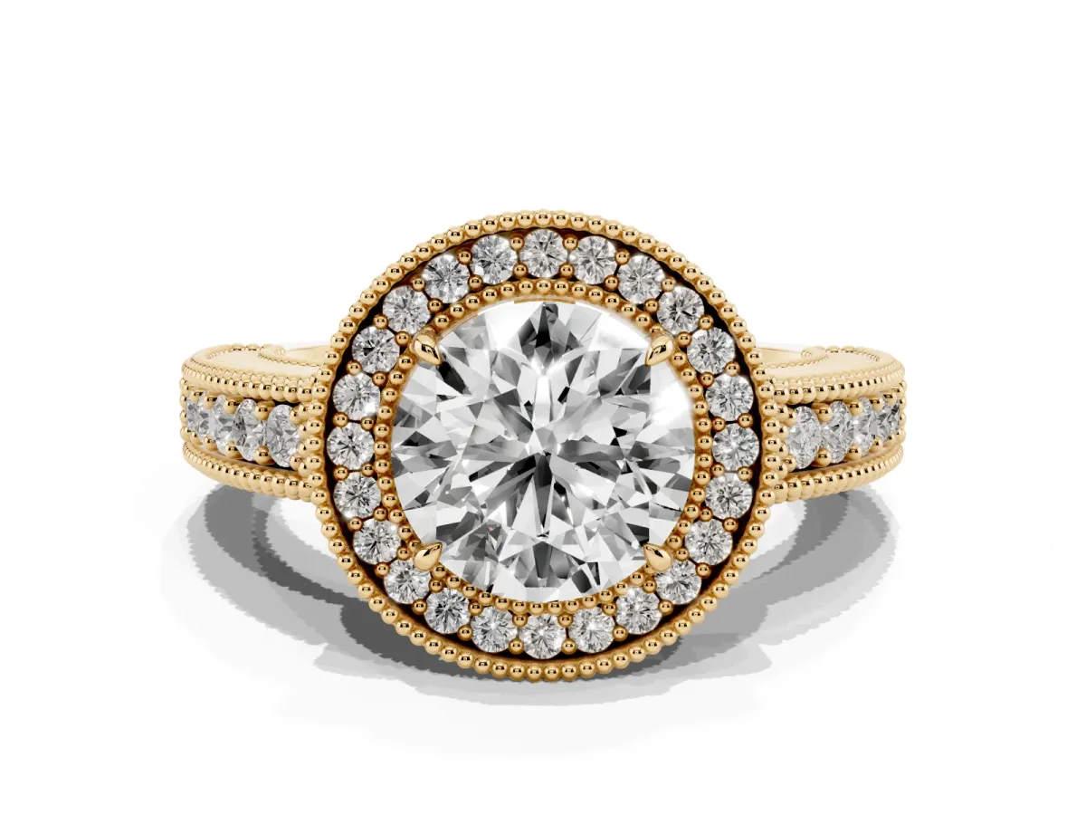 Round Cut Cut Halo Diamond Ring with Pavé Band and Four-Prong Setting Yellow gold
