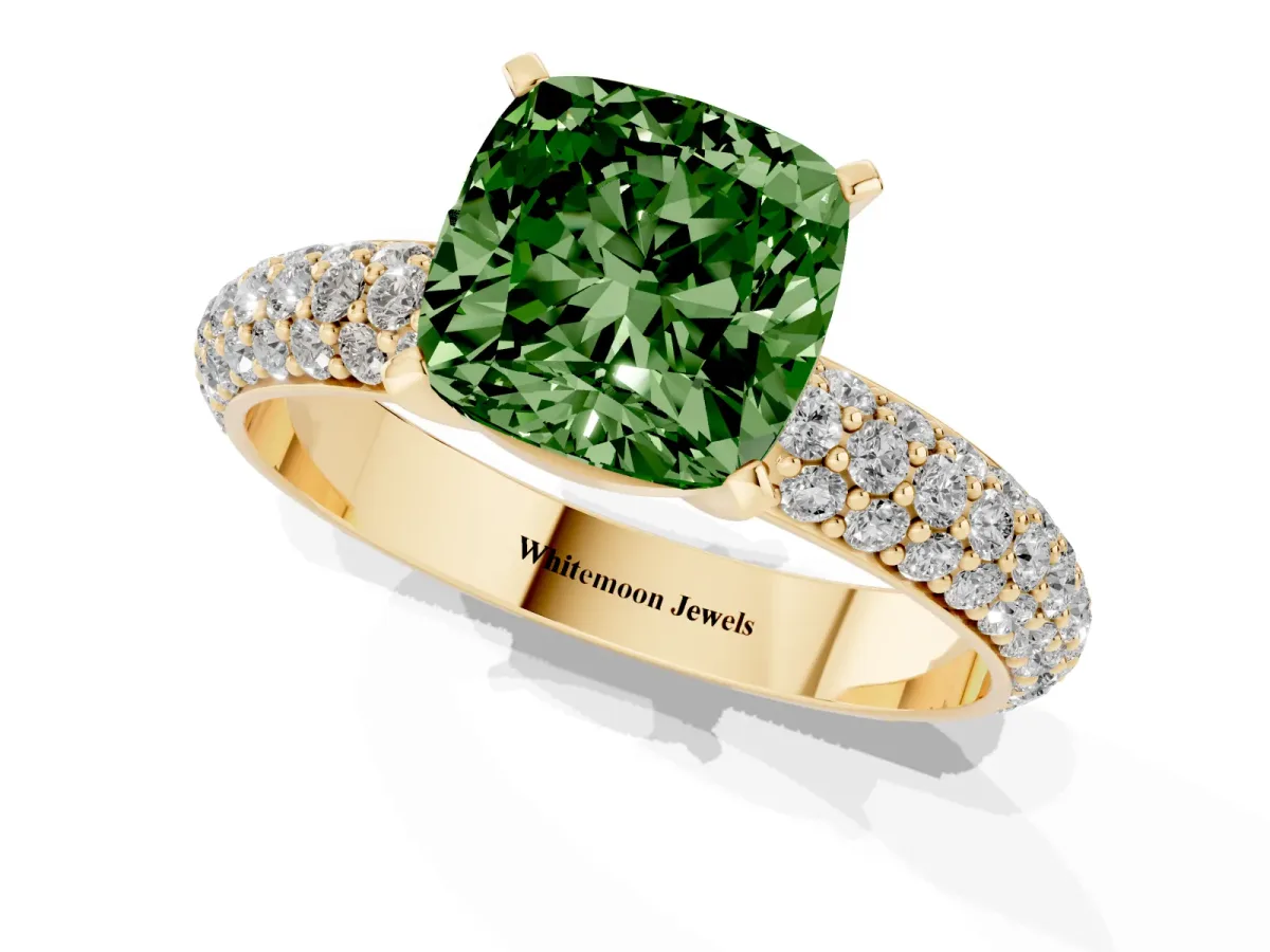 Fancy Green Cushion Cut Diamond Solitaire Ring with Prong Setting and Pavé Band Yellow gold