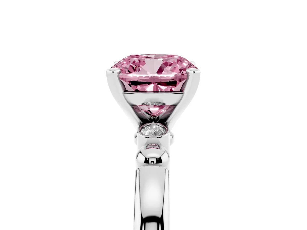 Fancy Pink Cushion Cut Solitaire Beaded Band with Four-Prong Setting Platinum