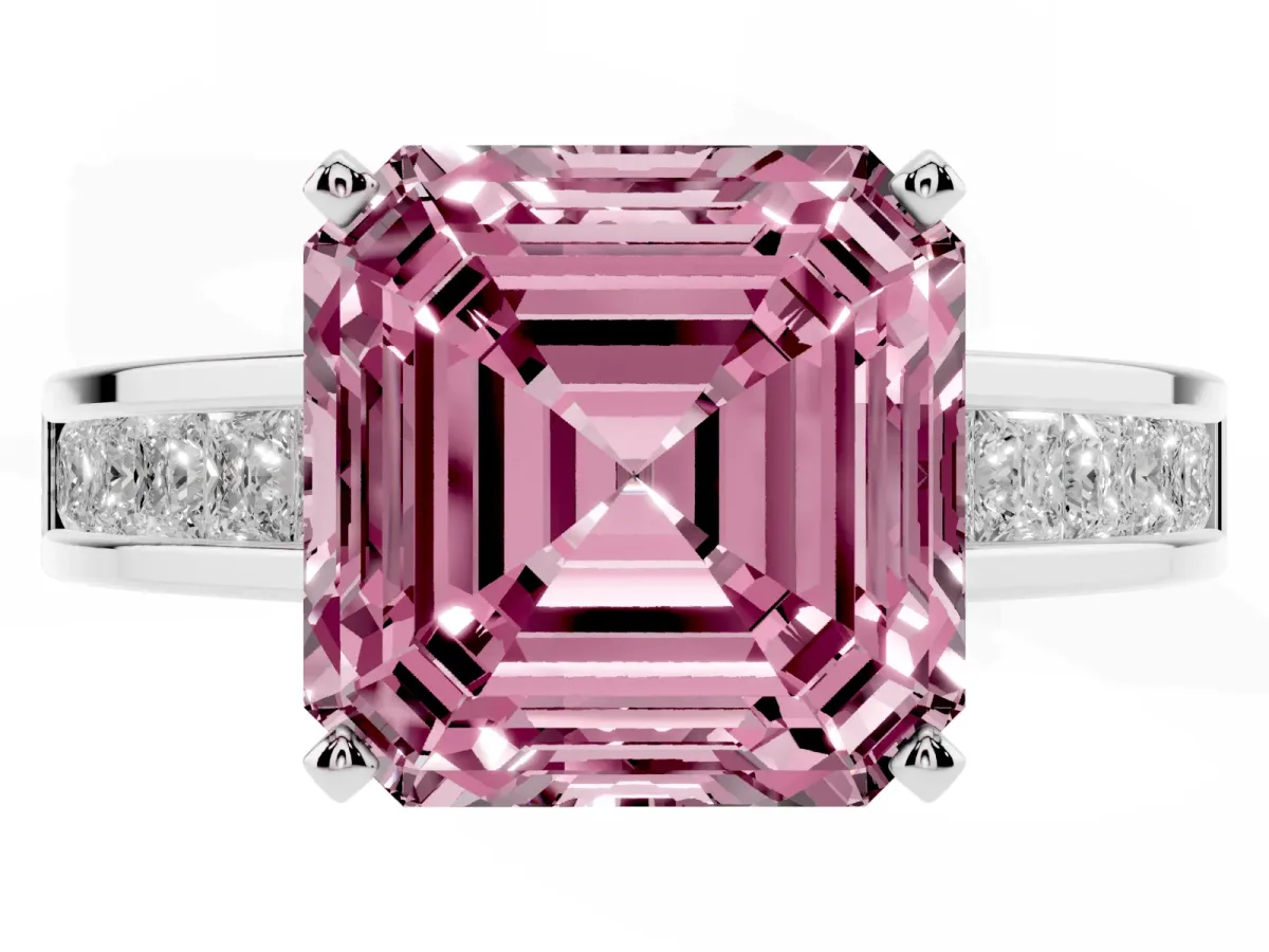 Fancy Pink Asscher Cut Solitaire Diamond Ring with Channel-Set Band and Four-Prong Setting Platinum