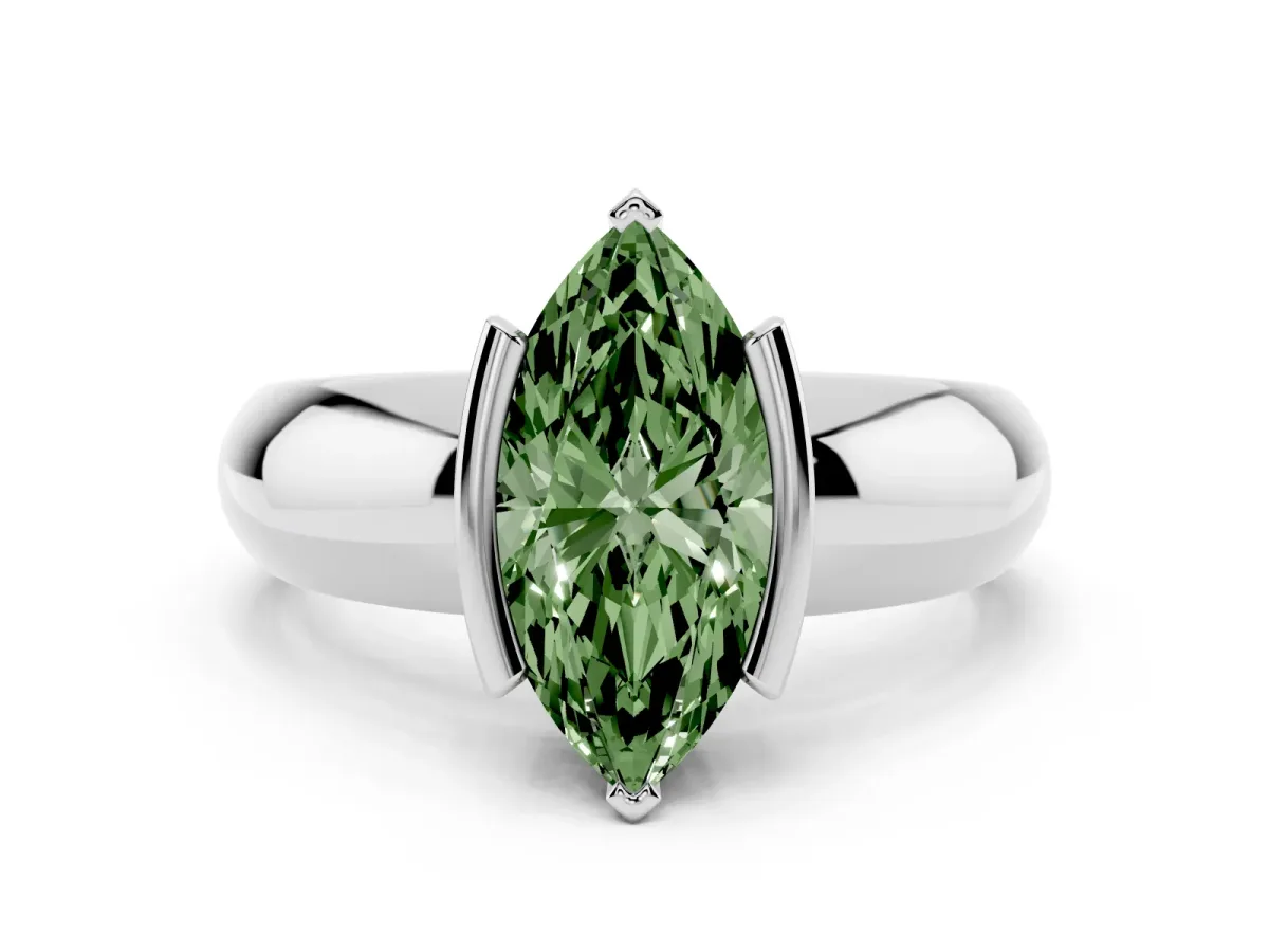 Fancy Green Marquise Cut Solitaire Tension Set Diamond Ring with Wide Band Silver