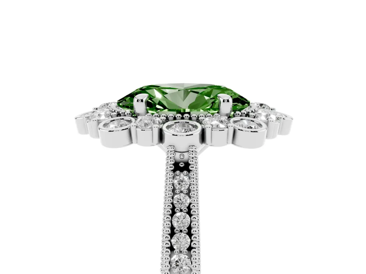Fancy Green Oval Cut Halo Milgrain Pave Diamond Ring with Four-Prong Setting Silver