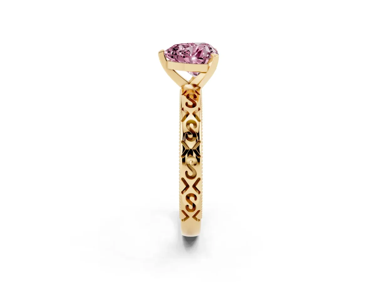 Fancy Pink Heart Cut Solitaire Engagement Ring with Scrollwork Band and Four-Prong Setting Yellow gold