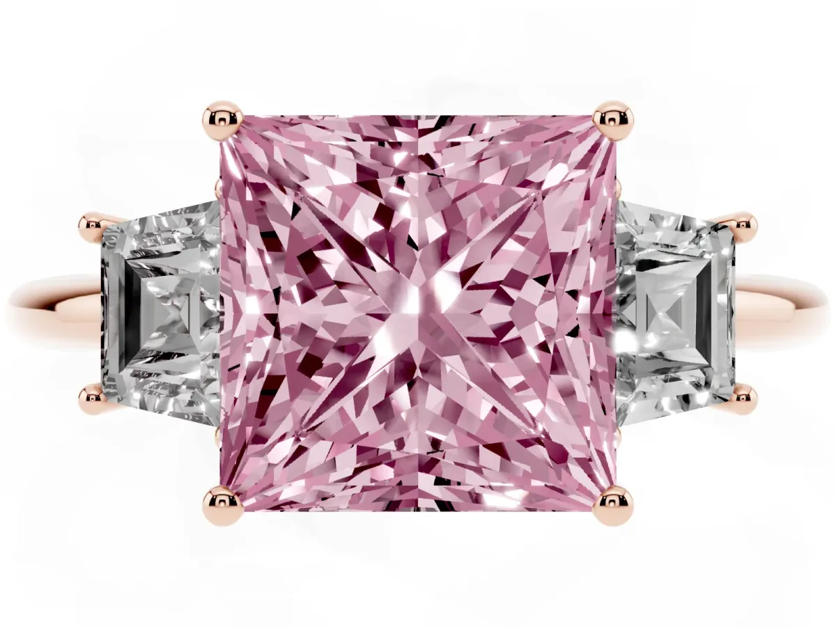 Fancy Pink Princess Cut Diamond Three-Stone Ring with Trapezoid Side Stones and Prong Setting Rose gold
