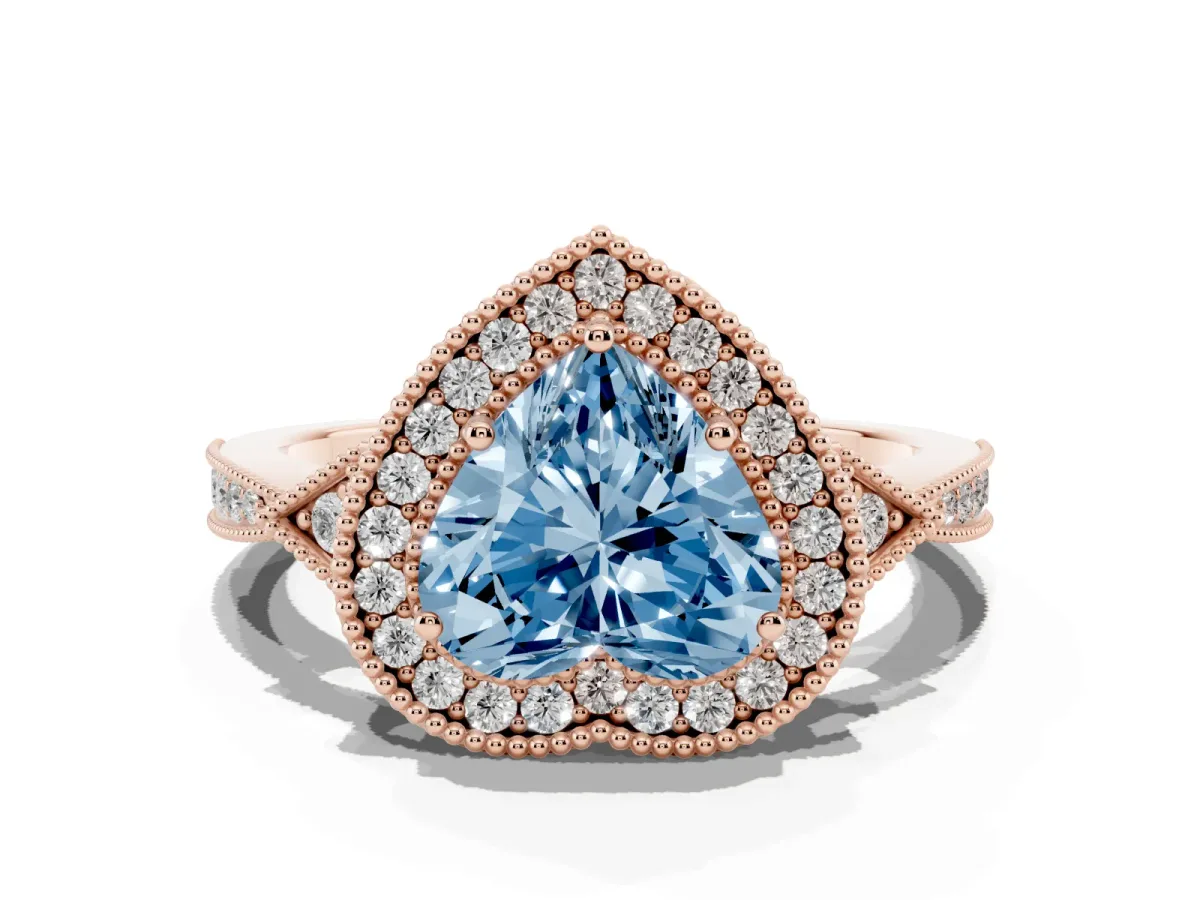 Fancy Blue Heart Cut Halo Round Diamond Milgrain Pave Engagement Ring Rose gold