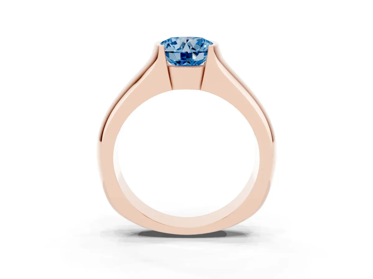 Fancy Blue Round Cut Solitaire Bezel Set Diamond Ring with Wide Band Rose gold