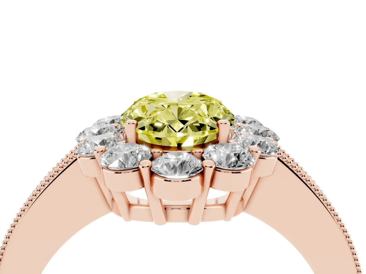 Fancy Yellow Oval Cut Cut Halo Diamond Pavé Engagement Ring with Milgrain Detailing Rose gold