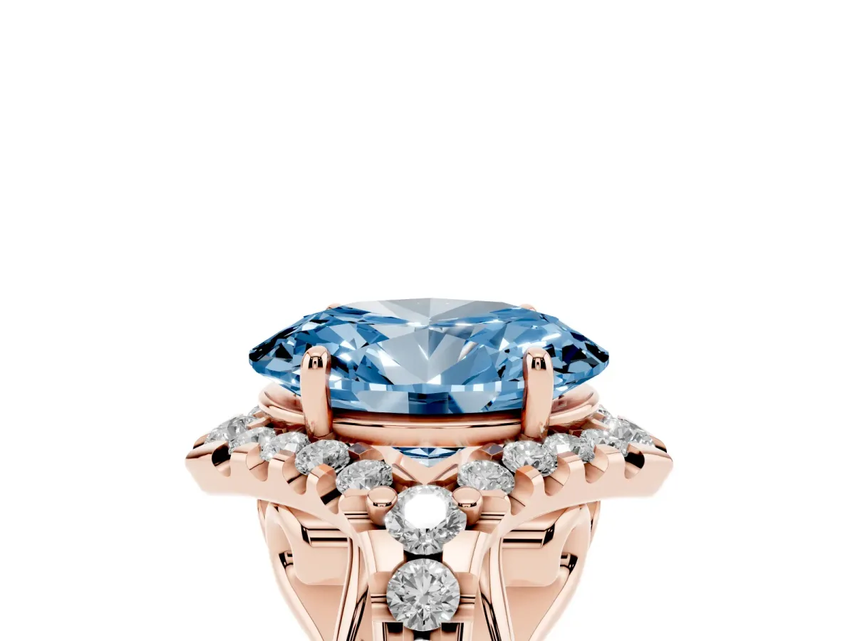 Fancy Blue Oval Cut Diamond Solitaire Ring with Hidden Halo and Pavé Band Rose gold