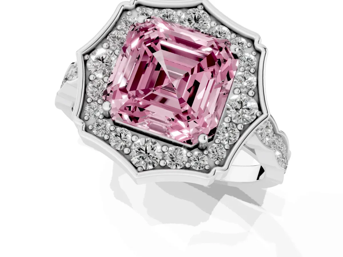 Fancy Pink Asscher Cut Halo Diamond Engagement Ring with Milgrain Band and Four-Prong Setting Platinum