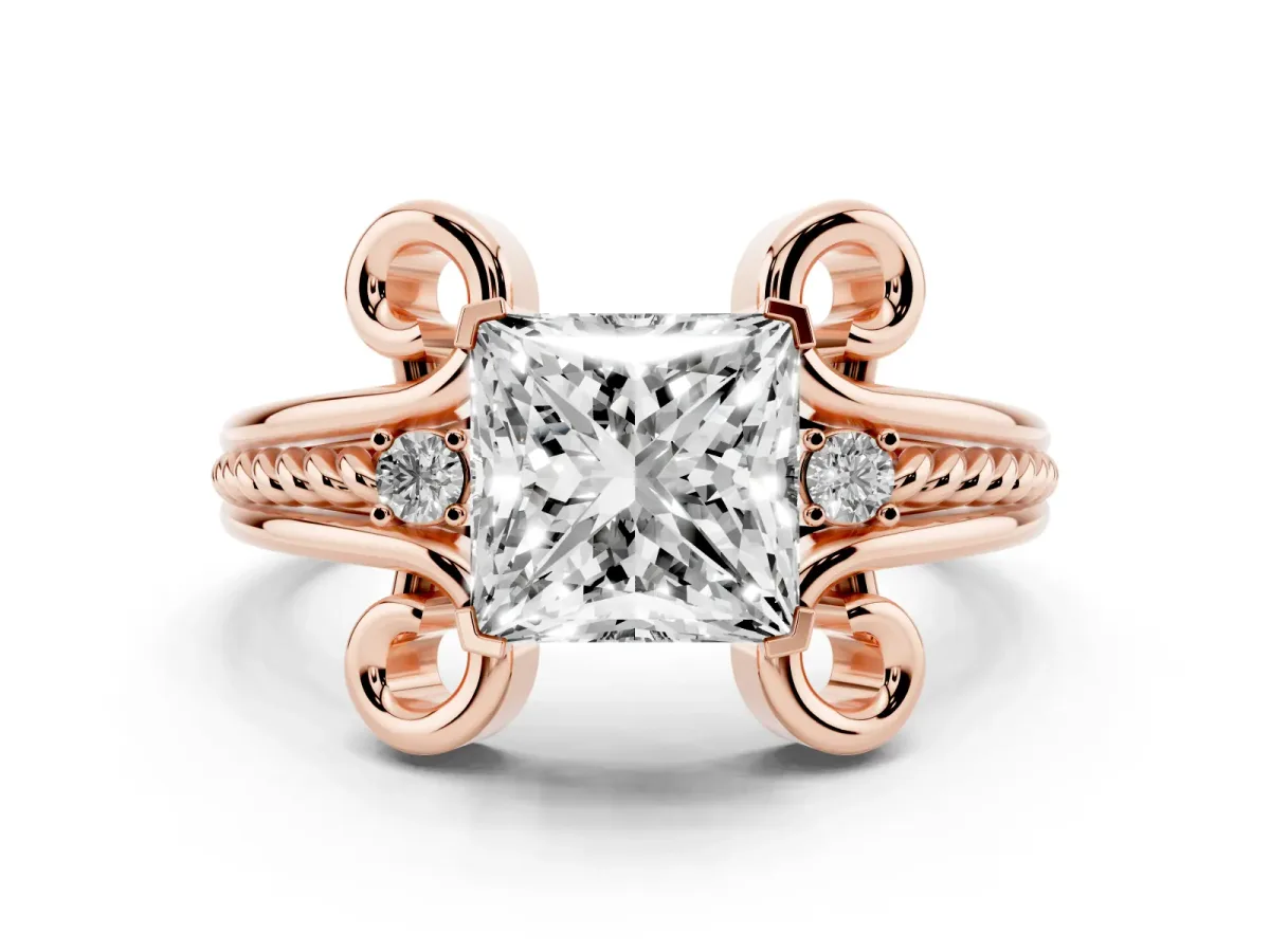 Princess Cut Solitaire Twisted Band Scroll Prong Ring Rose gold