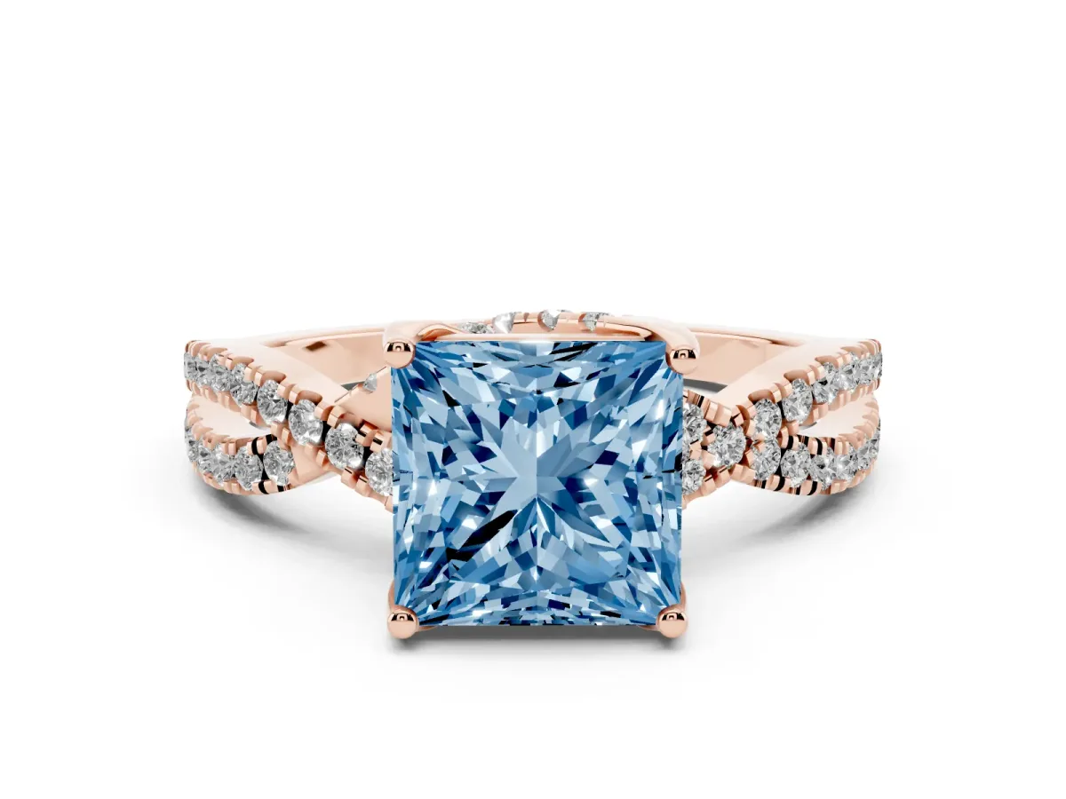 Fancy Blue Princess Cut Solitaire Twist Pave Diamond Engagement Ring with Prong Setting Rose gold