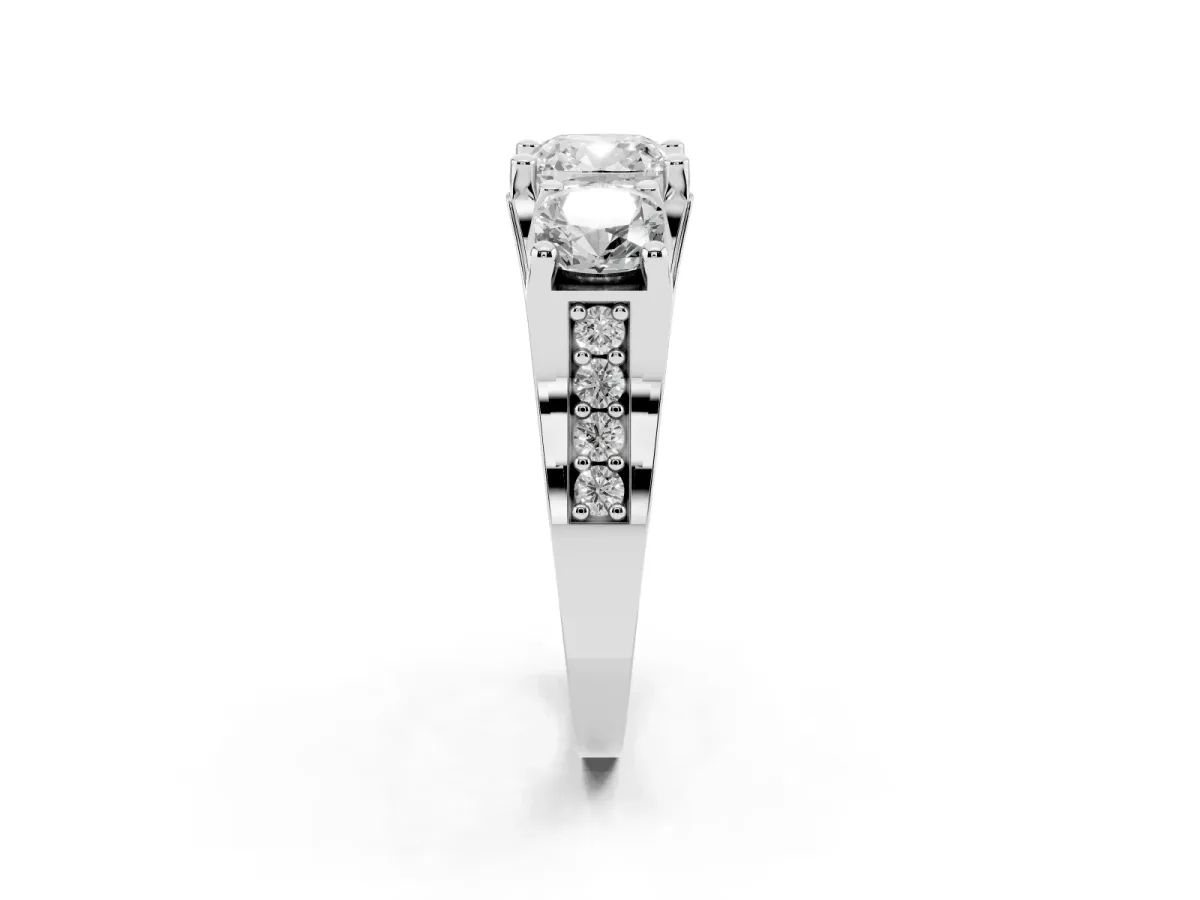 Cushion Cut Diamond Three-Stone Ring with Channel Set Band and Four-Prong Setting Silver