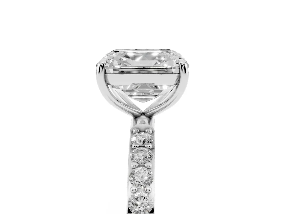 Asscher Cut Diamond Solitaire Ring with Round Pavé Shoulders and Prong Setting Platinum