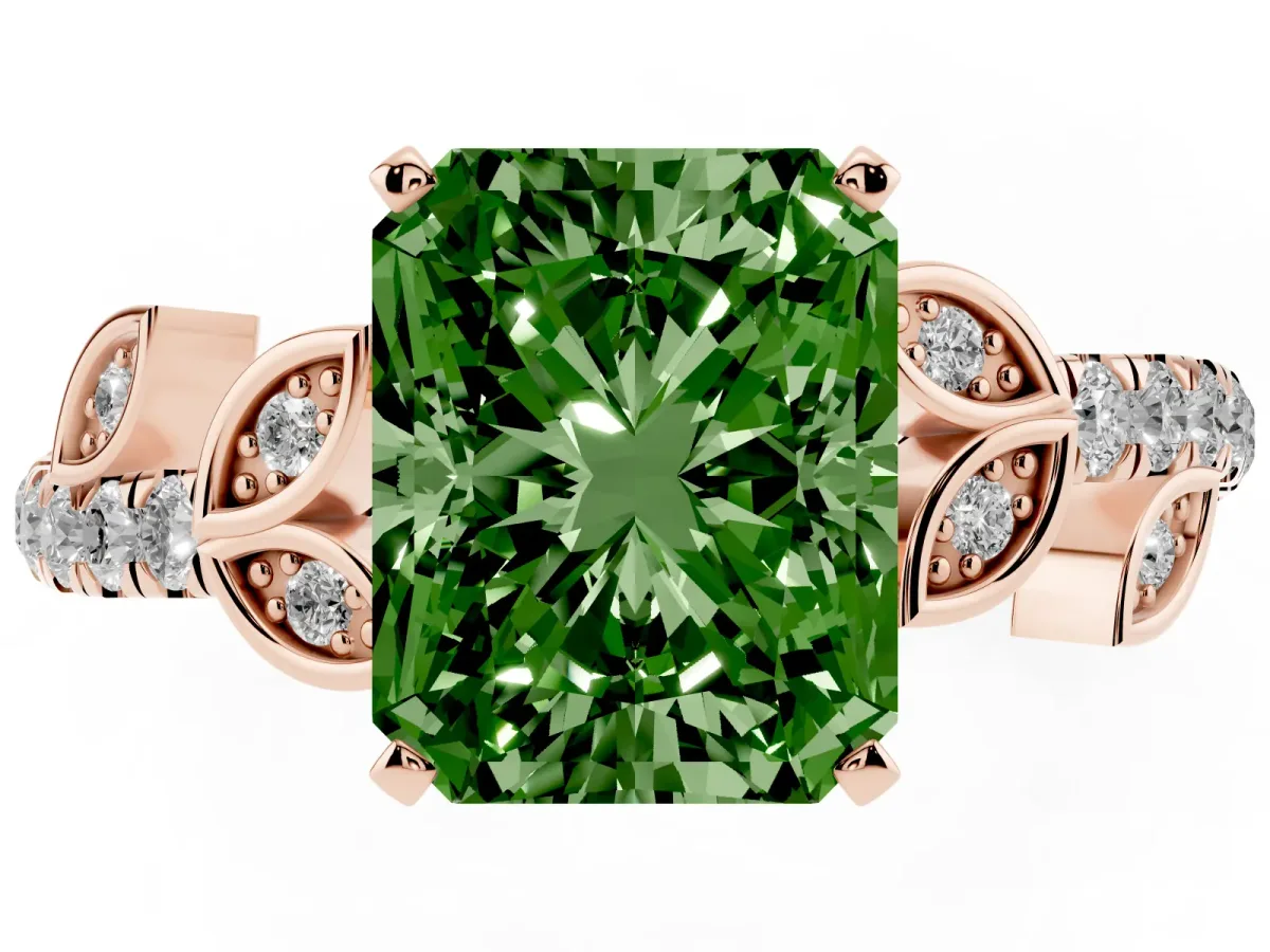 Fancy Green Radiant Cut Solitaire Leaf-Inspired Diamond Ring with Pavé Band and Four-Prong Setting Rose gold