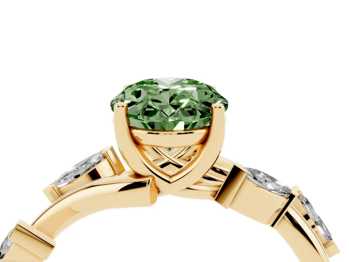 Fancy Green Oval Cut Solitaire Twisted Band Marquise Accent Prong Setting Ring Yellow gold