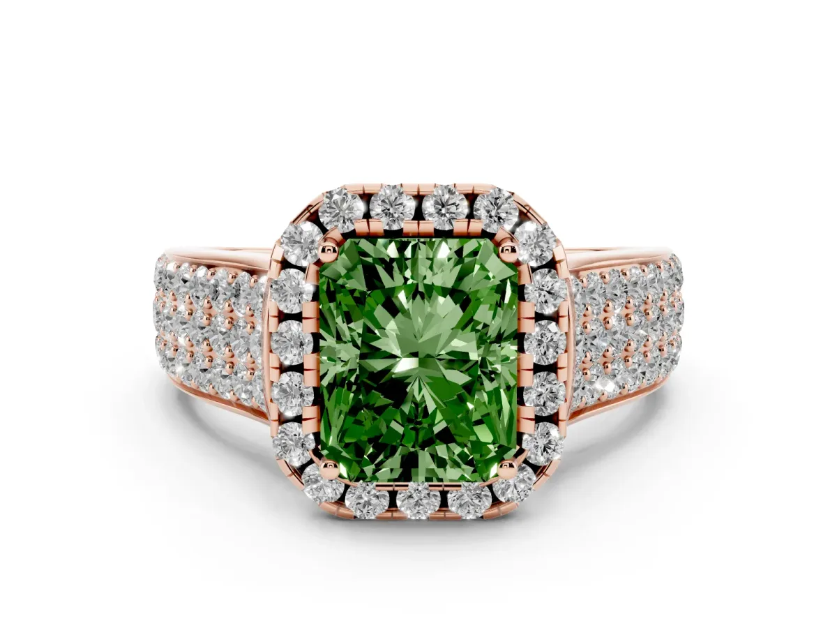 Fancy Green Radiant Cut Halo Round Diamond Pave Band with Prong Setting Rose gold