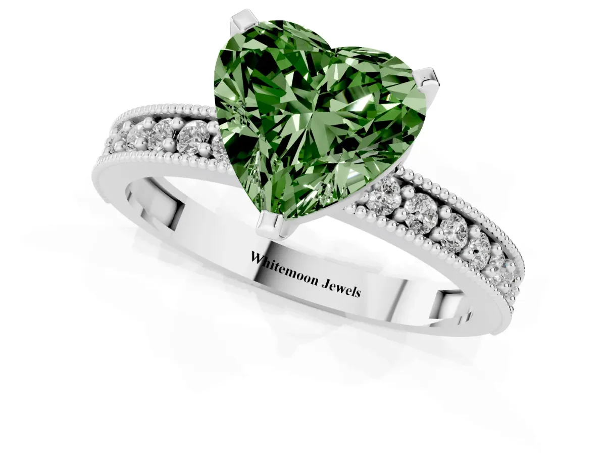 Fancy Green Heart Cut Diamond Milgrain Pavé Engagement Ring with Four-Prong Setting Silver
