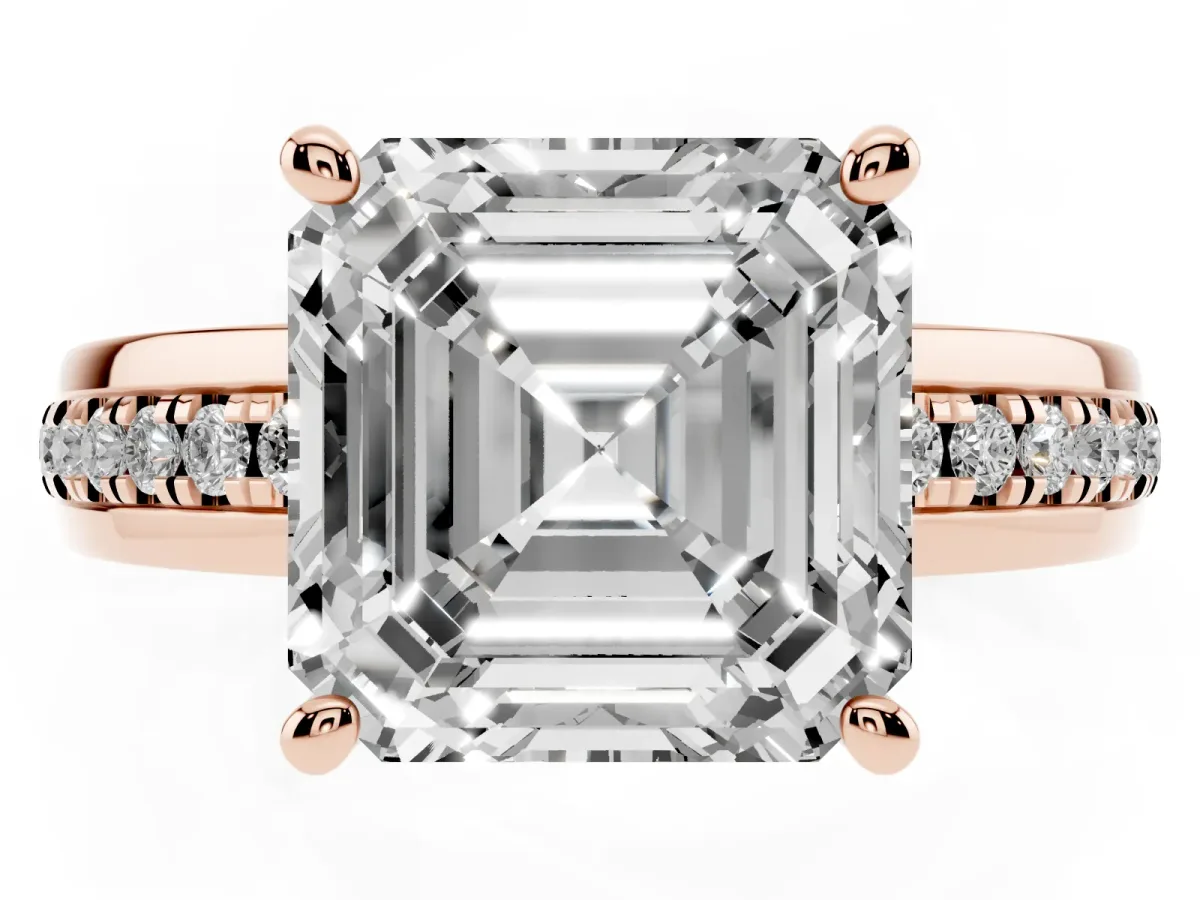 Asscher Cut Solitaire Diamond Ring with Channel Set Band and Six-Prong Setting Rose gold