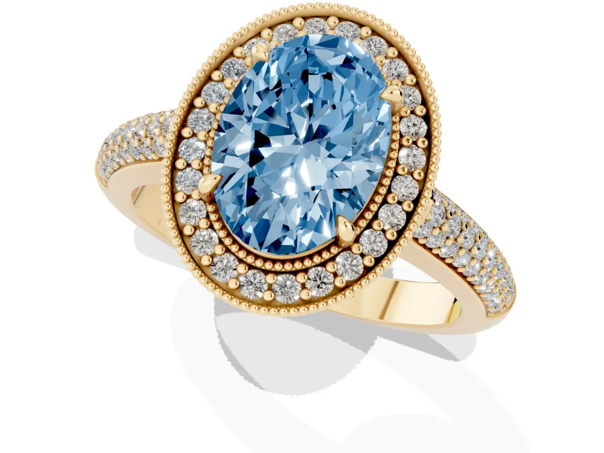 Fancy Blue Oval Cut Cut Halo Diamond Pave Band with Four-Prong Setting Yellow gold