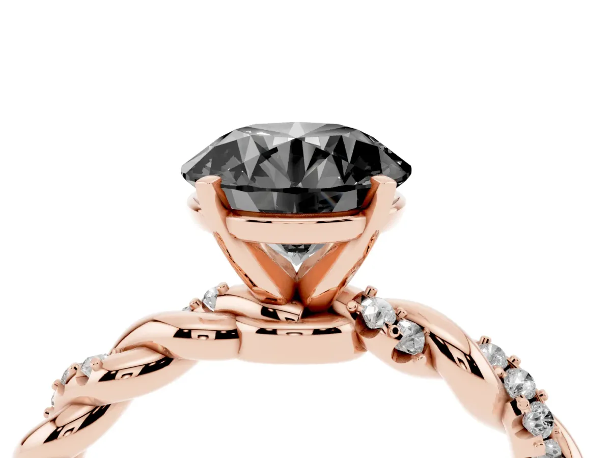 Fancy Black Round Cut Diamond Solitaire Ring with Twisted Band and Pavé Accents Rose gold