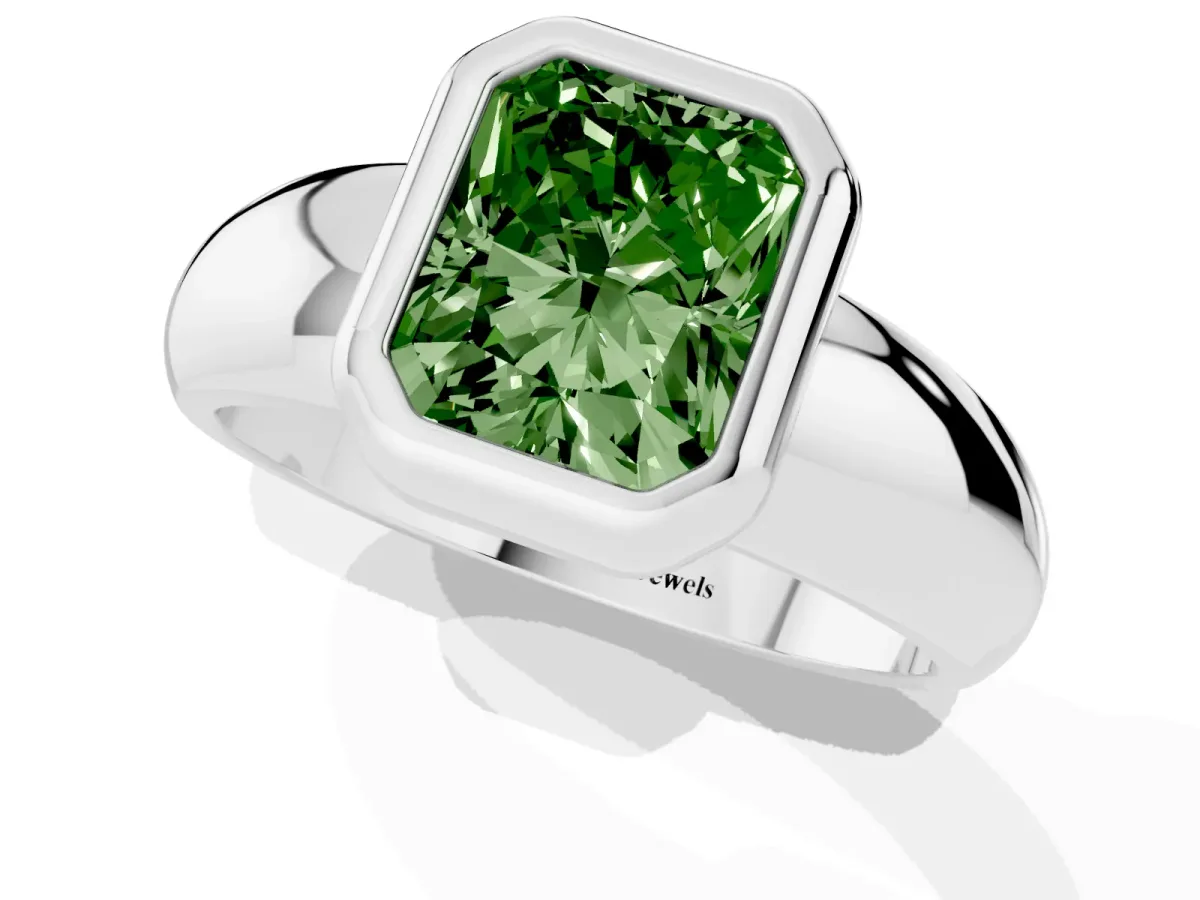 Fancy Green Bezel Set Radiant Cut Solitaire Ring with Wide Band Silver