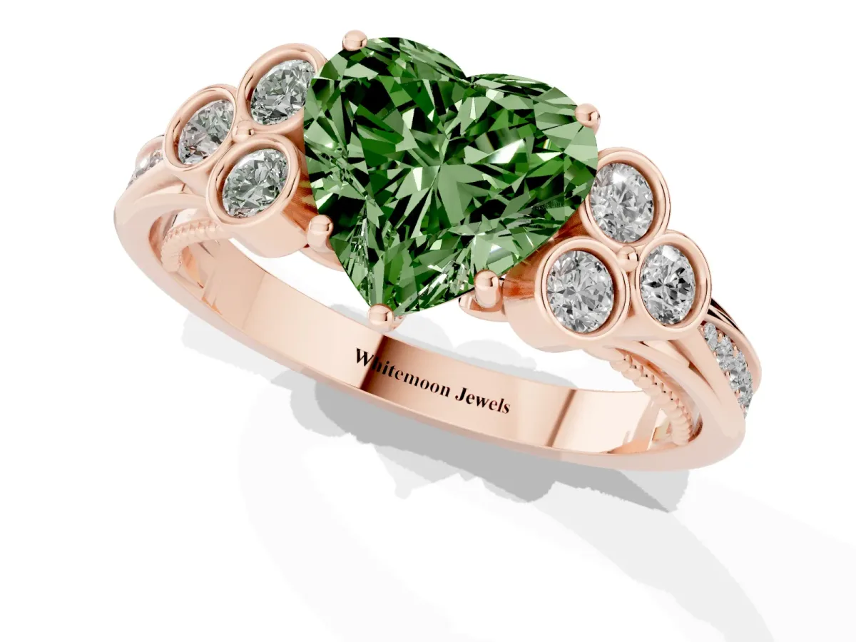 Fancy Green Heart Cut Cut Diamond Engagement Ring with Bezel Set Round Side Stones and Prong Setting Rose gold
