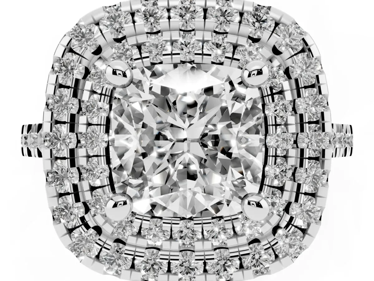 Double Halo Cushion Cut Diamond Pavé Band with Four-Prong Setting Silver