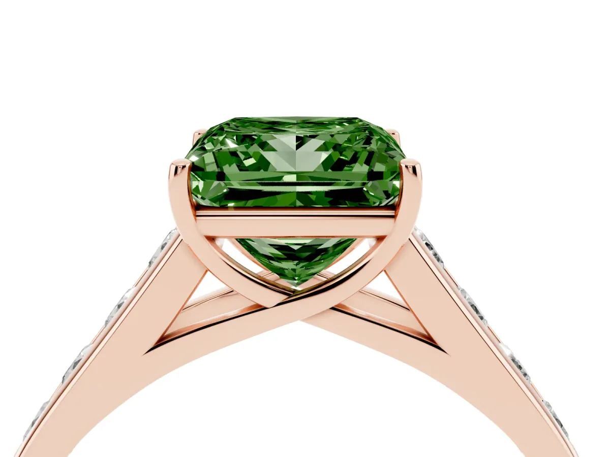 Fancy Green Princess Cut Brilliant Channel-Set Solitaire Ring with Four-Prong Setting Rose gold