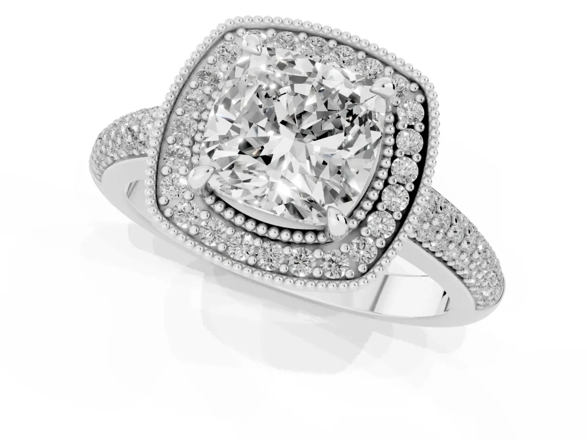 Cushion Cut Cut Halo Diamond Pave Band with Four-Prong Setting Silver