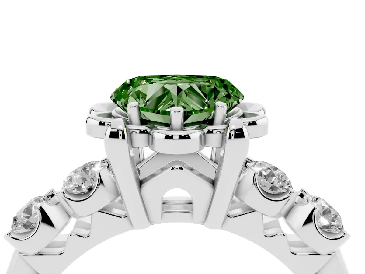 Fancy Green Heart Cut Cut Diamond Floral Halo Engagement Ring with Shared Prong Setting Platinum