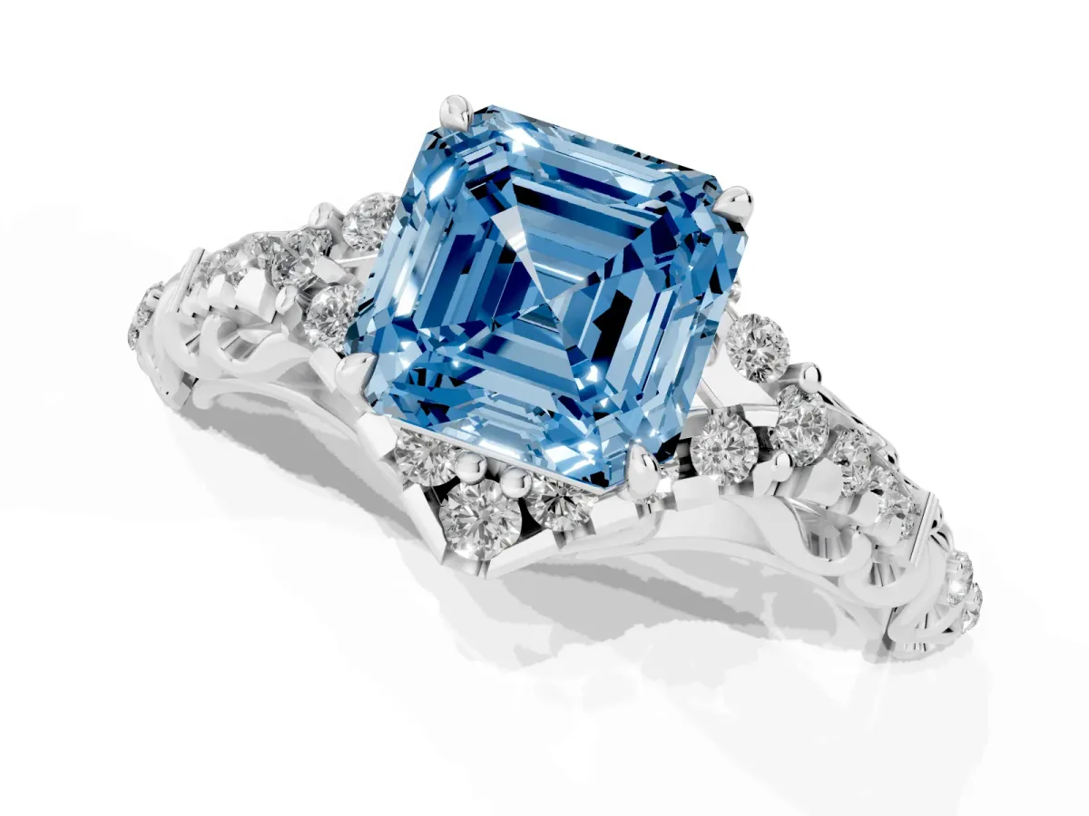 Fancy Blue Asscher Cut Diamond Solitaire Ring with Hidden Halo and Pavé Band Platinum