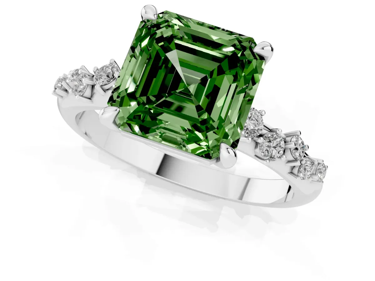 Fancy Green Asscher Cut Cut Diamond Vine Band with Four-Prong Setting Silver