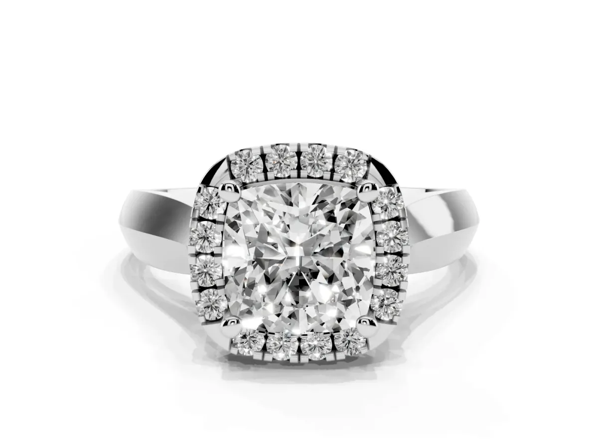 Cushion Cut Cut Halo Solitaire Engagement Ring with Square Band and Four-Prong Setting Silver