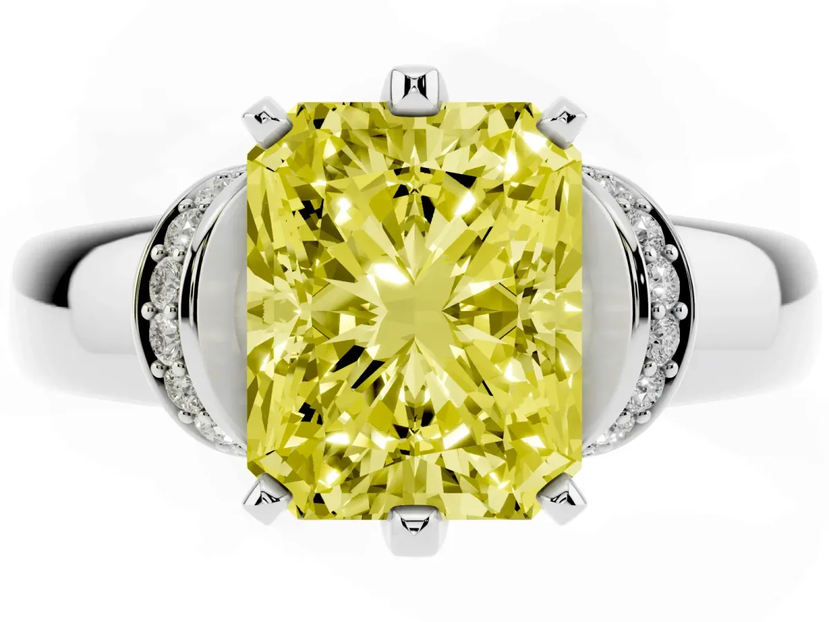 Fancy Yellow Radiant Cut Solitaire Diamond Ring with Pave Band and Six-Prong Setting Platinum